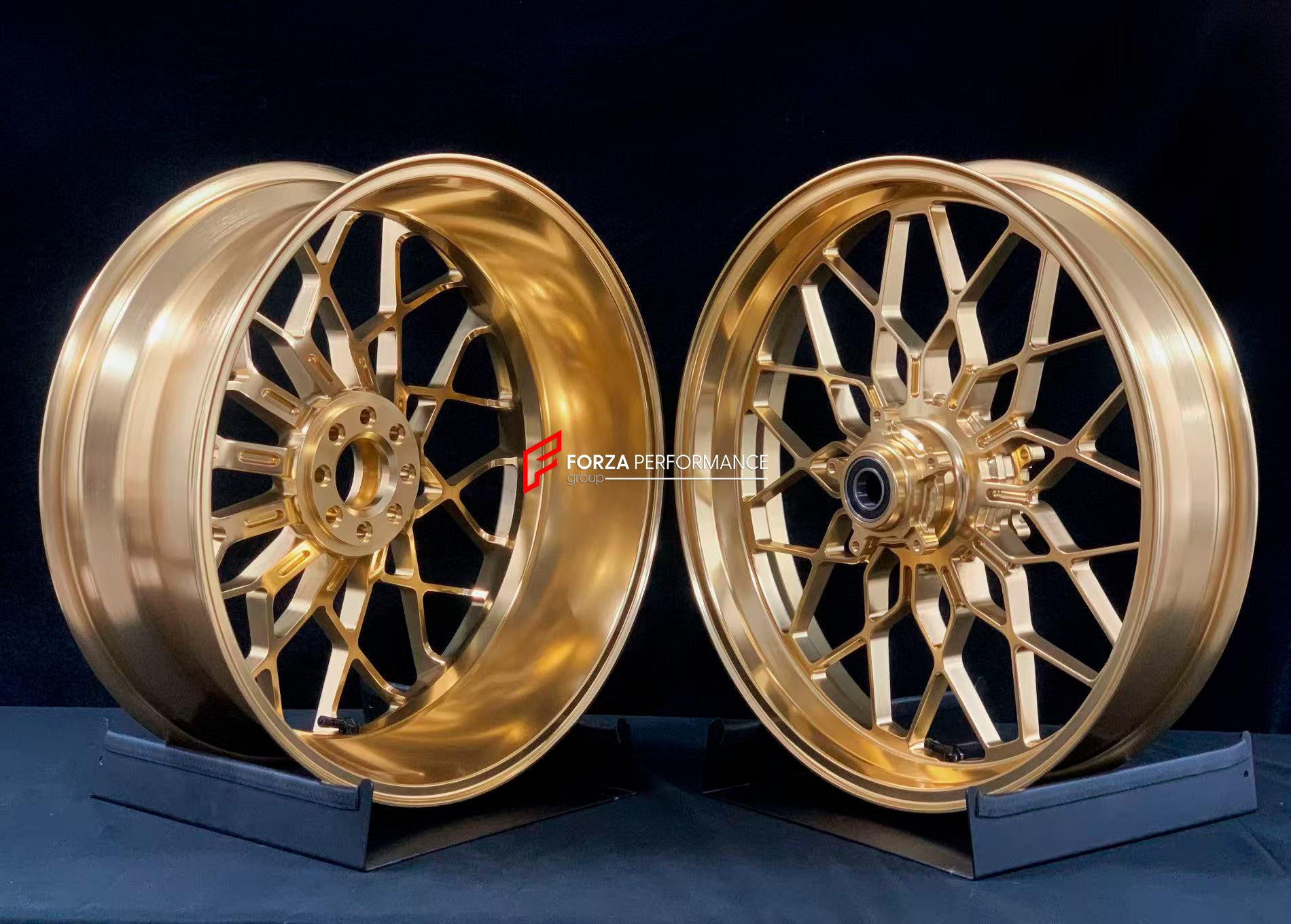 We manufacture premium quality forged motorcycle wheels rims for MV AGUSTA in any design, size, color.
Wheel sizes (motorcycle spec):
Front: 3.5 x 17
Rear: 5.5 x 17
Weight:
Front: 4.15 kg (9.15 lbs)
Rear: 4.85 kg (10.69 lbs)
Finishing: Satin Gold
Forza Performance Group engineers and manufactures each forged motorcycle wheel individually per order. This ensures precise fitment, uncompromised strength, and unique styling. Whether for racing, touring, or daily use — our wheels are built for both perf