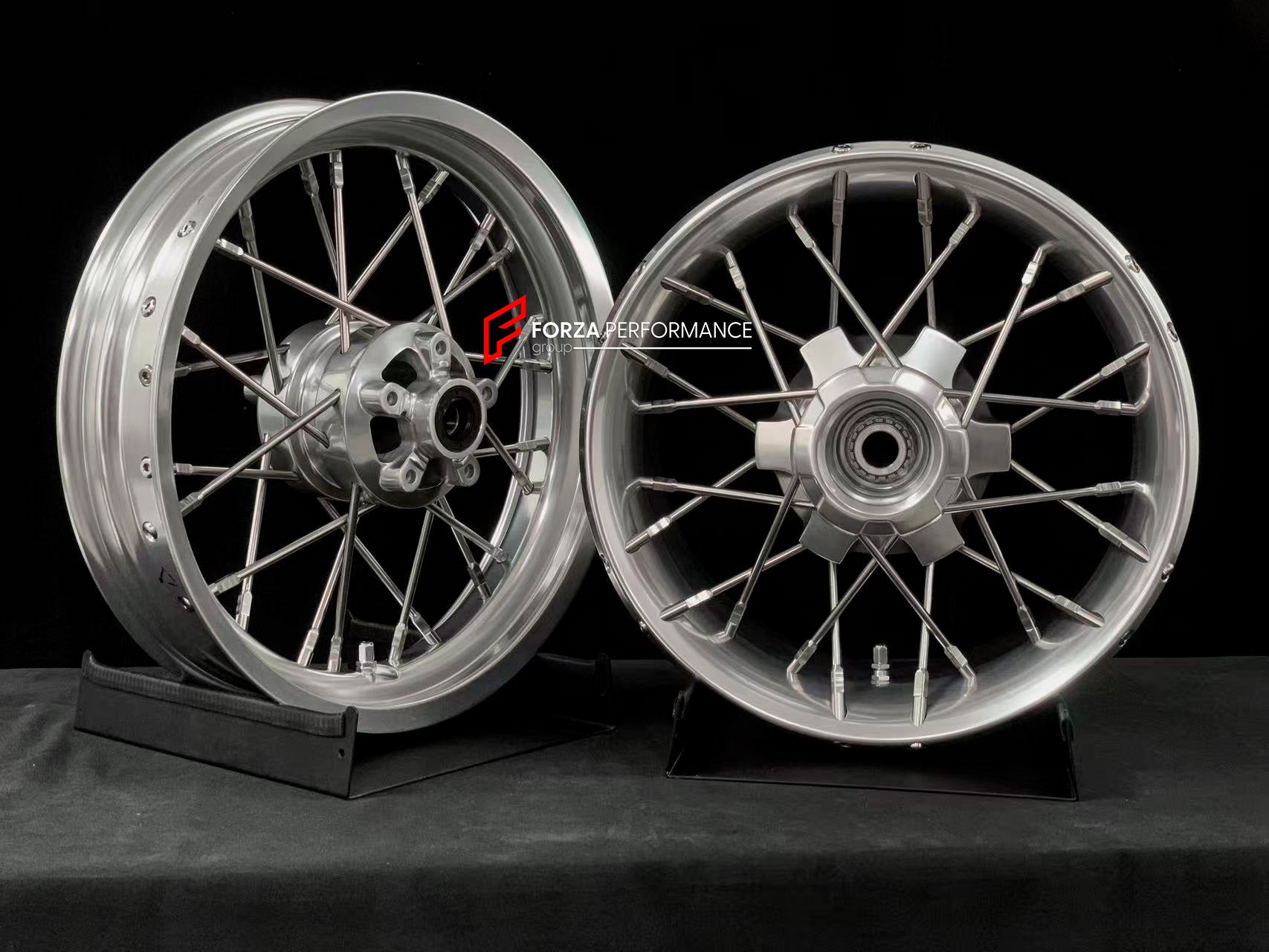 We manufacture premium quality forged motorcycle wheels rims for TRIUMPH in any design, size, color.
Wheel sizes (motorcycle spec):
Front: 3.5 x 17
Rear: 7.5 x 16
Weight:
Front: 6.95 kg (15.32 lbs)
Rear: 10.7 kg (23.59 lbs)
Finishing: Gloss Silver
Forza Performance Group engineers and manufactures each forged motorcycle wheel individually per order. This ensures precise fitment, uncompromised strength, and unique styling. Whether for racing, touring, or daily use — our wheels are built for both per