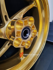 We manufacture premium quality forged motorcycle wheels rims for QJMOTOR in any design, size, color.
Wheel sizes (motorcycle spec):
Front: 3.5 x 17
Rear: 6 x 17
Weight:
Front: 3.9 kg (8.6 lbs)
Rear: 4.95 kg (10.91 lbs)
Finishing: Satin Gold
Forza Performance Group engineers and manufactures each forged motorcycle wheel individually per order. This ensures precise fitment, uncompromised strength, and unique styling. Whether for racing, touring, or daily use — our wheels are built for both performanc