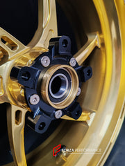 We manufacture premium quality forged motorcycle wheels rims for QJMOTOR in any design, size, color.
Wheel sizes (motorcycle spec):
Front: 3.5 x 17
Rear: 6 x 17
Weight:
Front: 3.9 kg (8.6 lbs)
Rear: 4.95 kg (10.91 lbs)
Finishing: Satin Gold
Forza Performance Group engineers and manufactures each forged motorcycle wheel individually per order. This ensures precise fitment, uncompromised strength, and unique styling. Whether for racing, touring, or daily use — our wheels are built for both performanc