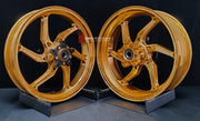 We manufacture premium quality forged motorcycle wheels rims for SUZUKI HAYABUSA in any design, size, color.
Wheel sizes (motorcycle spec):
Front: 3.5 x 17
Rear: 6 x 17
Weight:
Front: 4.65 kg (10.25 lbs)
Rear: 5.4 kg (11.9 lbs)
Finishing: Gloss Gold
Forza Performance Group engineers and manufactures each forged motorcycle wheel individually per order. This ensures precise fitment, uncompromised strength, and unique styling. Whether for racing, touring, or daily use — our wheels are built for both p
