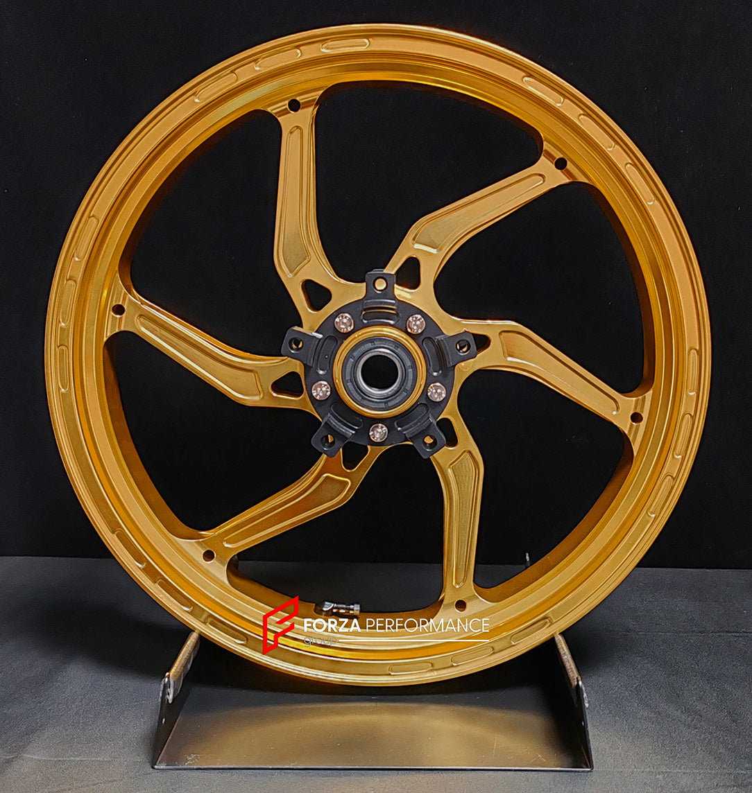 We manufacture premium quality forged motorcycle wheels rims for SUZUKI HAYABUSA in any design, size, color.
Wheel sizes (motorcycle spec):
Front: 3.5 x 17
Rear: 6 x 17
Weight:
Front: 4.65 kg (10.25 lbs)
Rear: 5.4 kg (11.9 lbs)
Finishing: Gloss Gold
Forza Performance Group engineers and manufactures each forged motorcycle wheel individually per order. This ensures precise fitment, uncompromised strength, and unique styling. Whether for racing, touring, or daily use — our wheels are built for both p