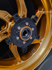 We manufacture premium quality forged motorcycle wheels rims for SUZUKI HAYABUSA in any design, size, color.
Wheel sizes (motorcycle spec):
Front: 3.5 x 17
Rear: 6 x 17
Weight:
Front: 4.65 kg (10.25 lbs)
Rear: 5.4 kg (11.9 lbs)
Finishing: Gloss Gold
Forza Performance Group engineers and manufactures each forged motorcycle wheel individually per order. This ensures precise fitment, uncompromised strength, and unique styling. Whether for racing, touring, or daily use — our wheels are built for both p