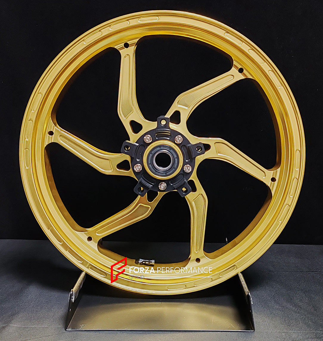 We manufacture premium quality forged motorcycle wheels rims for SUZUKI HAYABUSA in any design, size, color.
Wheel sizes (motorcycle spec):
Front: 3.5 x 17
Rear: 6 x 17
Weight:
Front: 4.65 kg (10.25 lbs)
Rear: 5.4 kg (11.9 lbs)
Finishing: Satin Gold
Forza Performance Group engineers and manufactures each forged motorcycle wheel individually per order. This ensures precise fitment, uncompromised strength, and unique styling. Whether for racing, touring, or daily use — our wheels are built for both p