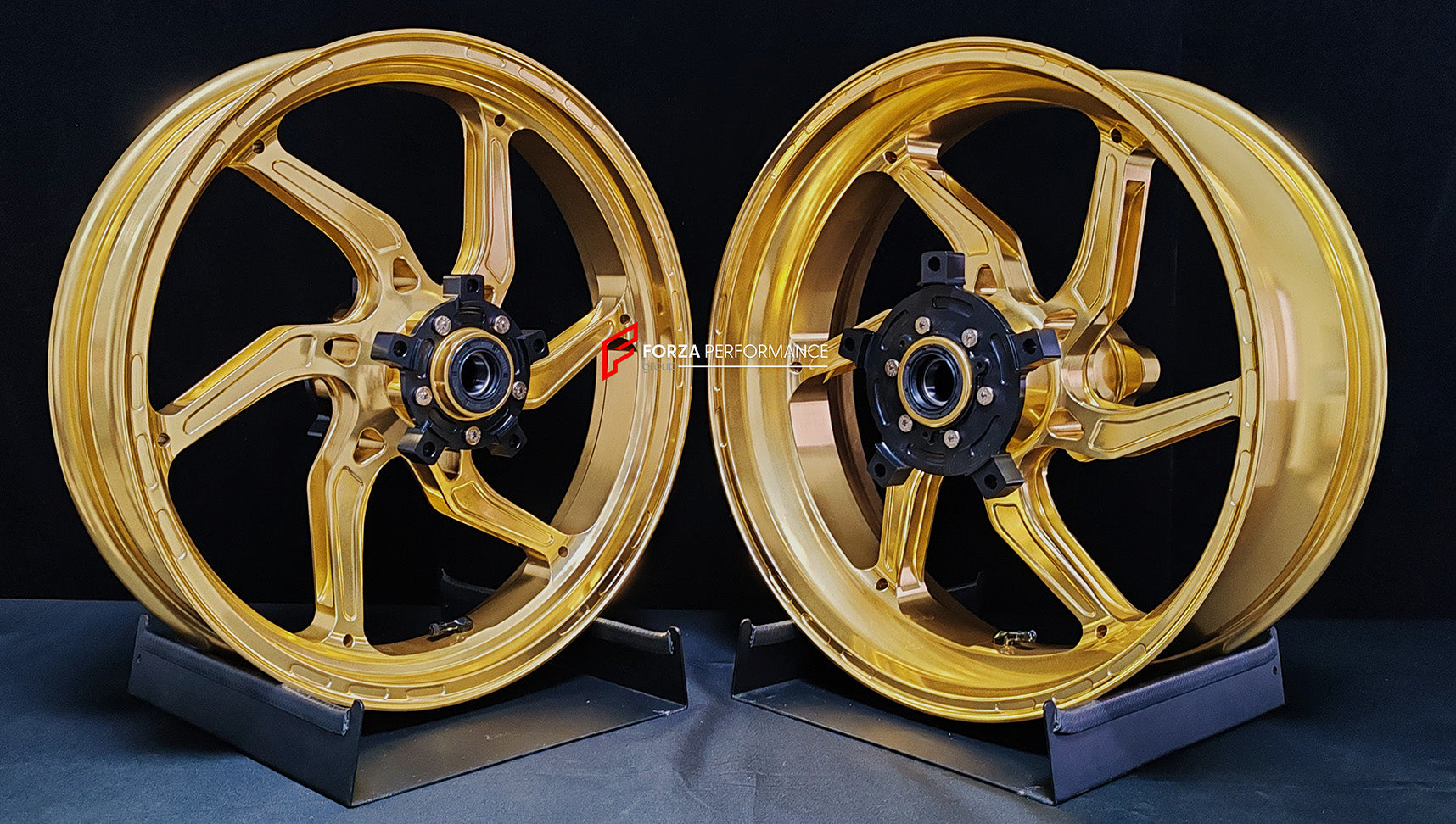We manufacture premium quality forged motorcycle wheels rims for SUZUKI HAYABUSA in any design, size, color.
Wheel sizes (motorcycle spec):
Front: 3.5 x 17
Rear: 6 x 17
Weight:
Front: 4.65 kg (10.25 lbs)
Rear: 5.4 kg (11.9 lbs)
Finishing: Satin Gold
Forza Performance Group engineers and manufactures each forged motorcycle wheel individually per order. This ensures precise fitment, uncompromised strength, and unique styling. Whether for racing, touring, or daily use — our wheels are built for both p