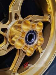 We manufacture premium quality forged motorcycle wheels rims for SUZUKI HAYABUSA in any design, size, color.
Wheel sizes (motorcycle spec):
Front: 3.5 x 17
Rear: 6 x 17
Weight:
Front: 4.65 kg (10.25 lbs)
Rear: 5.4 kg (11.9 lbs)
Finishing: Satin Gold
Forza Performance Group engineers and manufactures each forged motorcycle wheel individually per order. This ensures precise fitment, uncompromised strength, and unique styling. Whether for racing, touring, or daily use — our wheels are built for both p