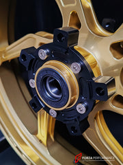 We manufacture premium quality forged motorcycle wheels rims for SUZUKI HAYABUSA in any design, size, color.
Wheel sizes (motorcycle spec):
Front: 3.5 x 17
Rear: 6 x 17
Weight:
Front: 4.65 kg (10.25 lbs)
Rear: 5.4 kg (11.9 lbs)
Finishing: Satin Gold
Forza Performance Group engineers and manufactures each forged motorcycle wheel individually per order. This ensures precise fitment, uncompromised strength, and unique styling. Whether for racing, touring, or daily use — our wheels are built for both p
