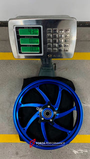 We manufacture premium quality forged motorcycle wheels rims for YAMAHA in any design, size, color.
Wheel sizes (motorcycle spec):
Front: 3.5 x 17
Rear: 6 x 17
Weight:
Front: 4.3 kg (9.48 lbs)
Rear 4.9 kg (10.8 lbs)
Finishing: Gloss Blue
Forza Performance Group engineers and manufactures each forged motorcycle wheel individually per order. This ensures precise fitment, uncompromised strength, and unique styling. Whether for racing, touring, or daily use — our wheels are built for both performance a