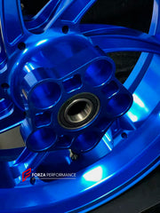 We manufacture premium quality forged motorcycle wheels rims for YAMAHA in any design, size, color.
Wheel sizes (motorcycle spec):
Front: 3.5 x 17
Rear: 6 x 17
Weight:
Front: 4.3 kg (9.48 lbs)
Rear 4.9 kg (10.8 lbs)
Finishing: Gloss Blue
Forza Performance Group engineers and manufactures each forged motorcycle wheel individually per order. This ensures precise fitment, uncompromised strength, and unique styling. Whether for racing, touring, or daily use — our wheels are built for both performance a