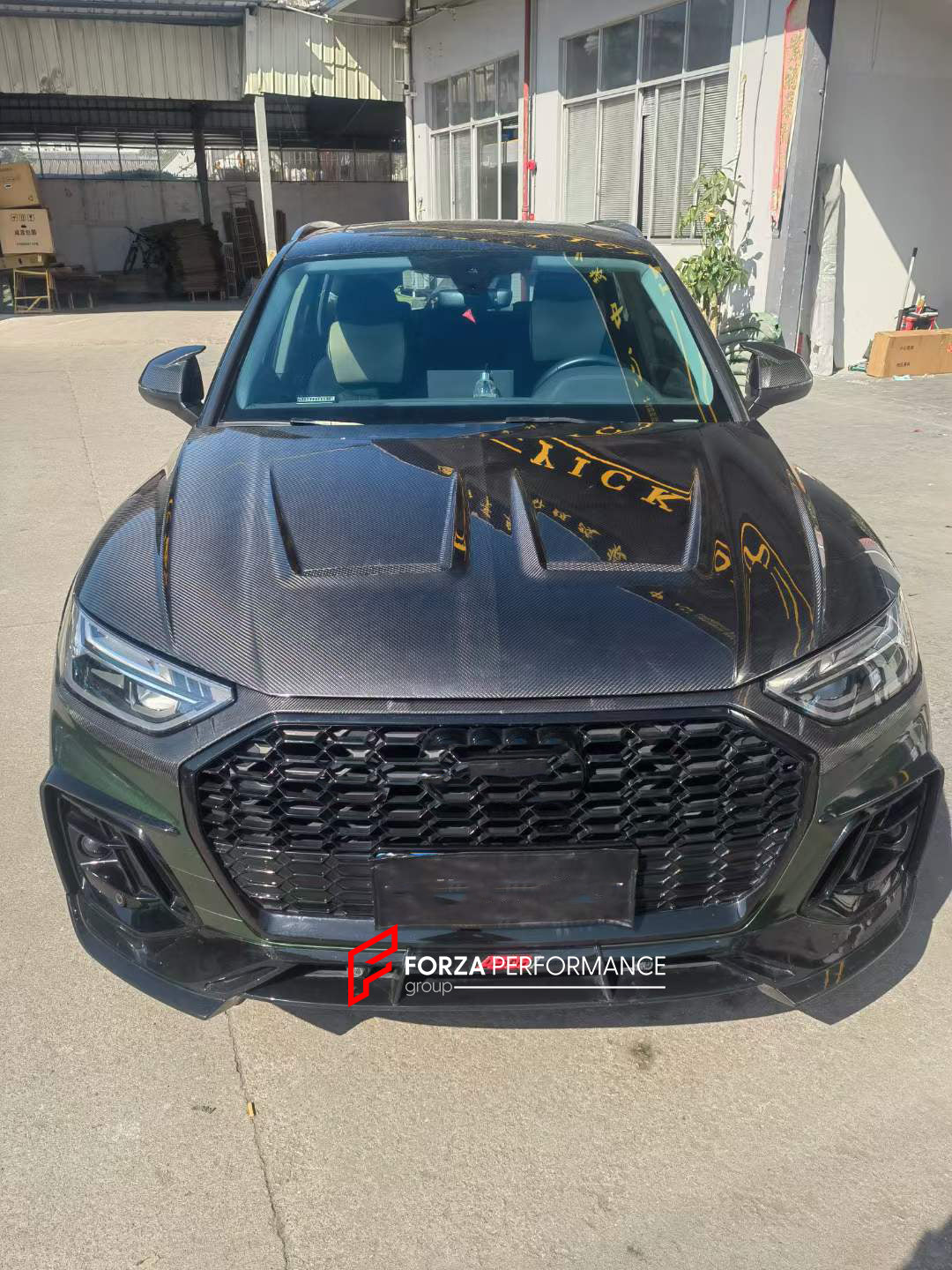 DRY CARBON BODY KIT for AUDI Q5 2023  Set includes:  Hood Front Lip Front Canards Front Air Vents Mirror Covers Side Fenders Side Skirts Roof Spoiler Rear Spoiler Rear Diffuser Exhaust Tips