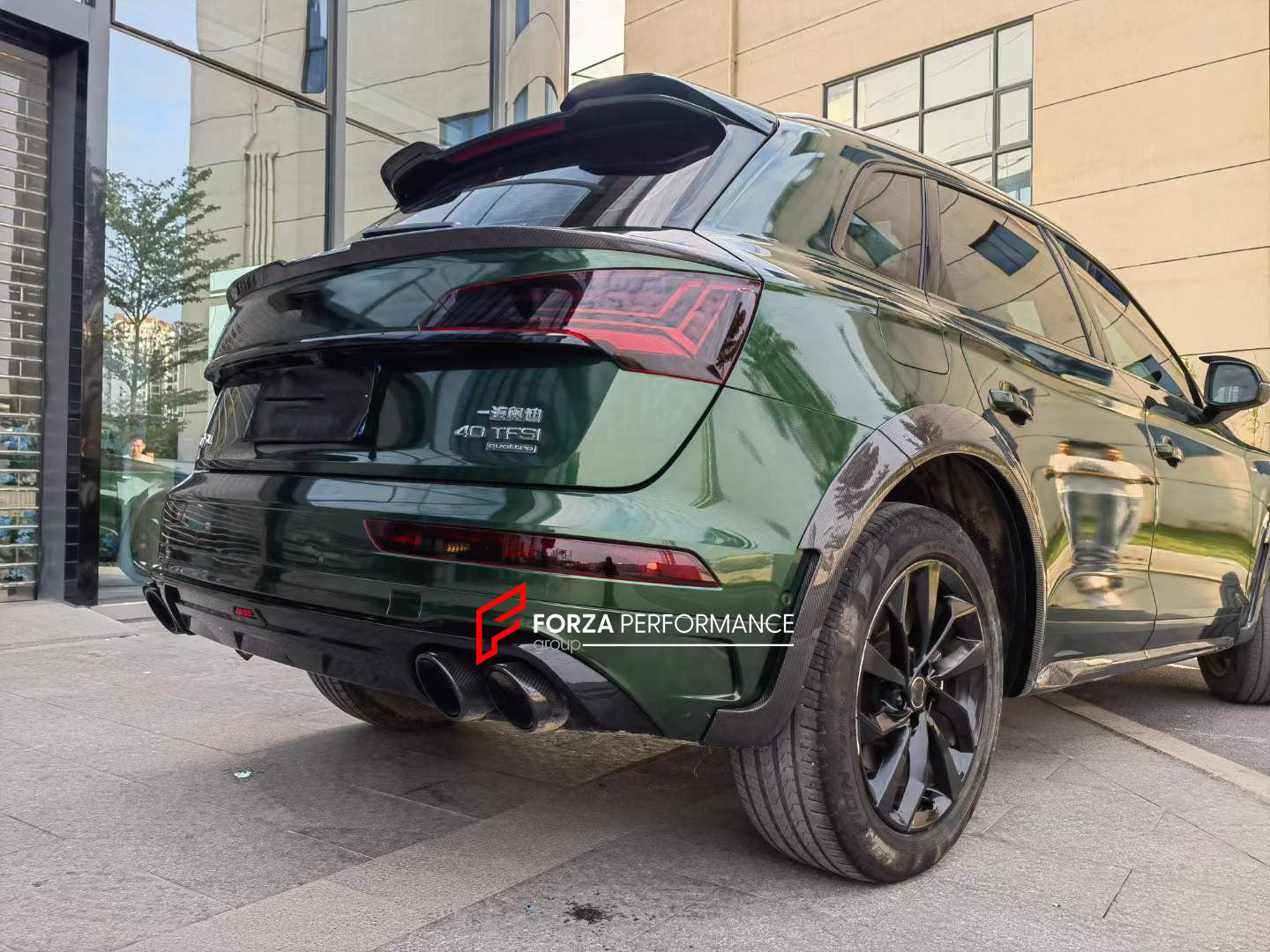 DRY CARBON BODY KIT for AUDI Q5 2023  Set includes:  Hood Front Lip Front Canards Front Air Vents Mirror Covers Side Fenders Side Skirts Roof Spoiler Rear Spoiler Rear Diffuser Exhaust Tips