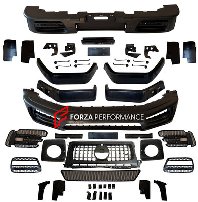 DRY CARBON BODY KIT for MERCEDES-BENZ G-CLASS W463 2019+  Set includes:  Front Hood/Bonnet Front Grille Front Bumper Headlight Covers Roof LED Bar Fender Flares Side Fenders Side Skirts Door Covers Roof Spoiler Rear Bumper Rear Diffuser Exhaust Tips Spare Wheel Tire Cover