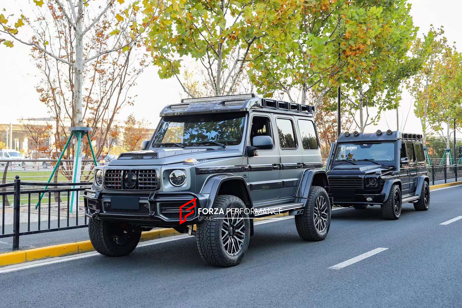 DRY CARBON BODY KIT for MERCEDES-BENZ W464 G63 4x4 G500 G550 2019 - 2022  Set includes:  Hood Front Grille Turn Signal Covers Side Fenders Side Trims Side Moldings Side Skirts Roof LED Bar Roof Rack Roof Ladder Spare Tire Holder Rear Bumper Reinforcement