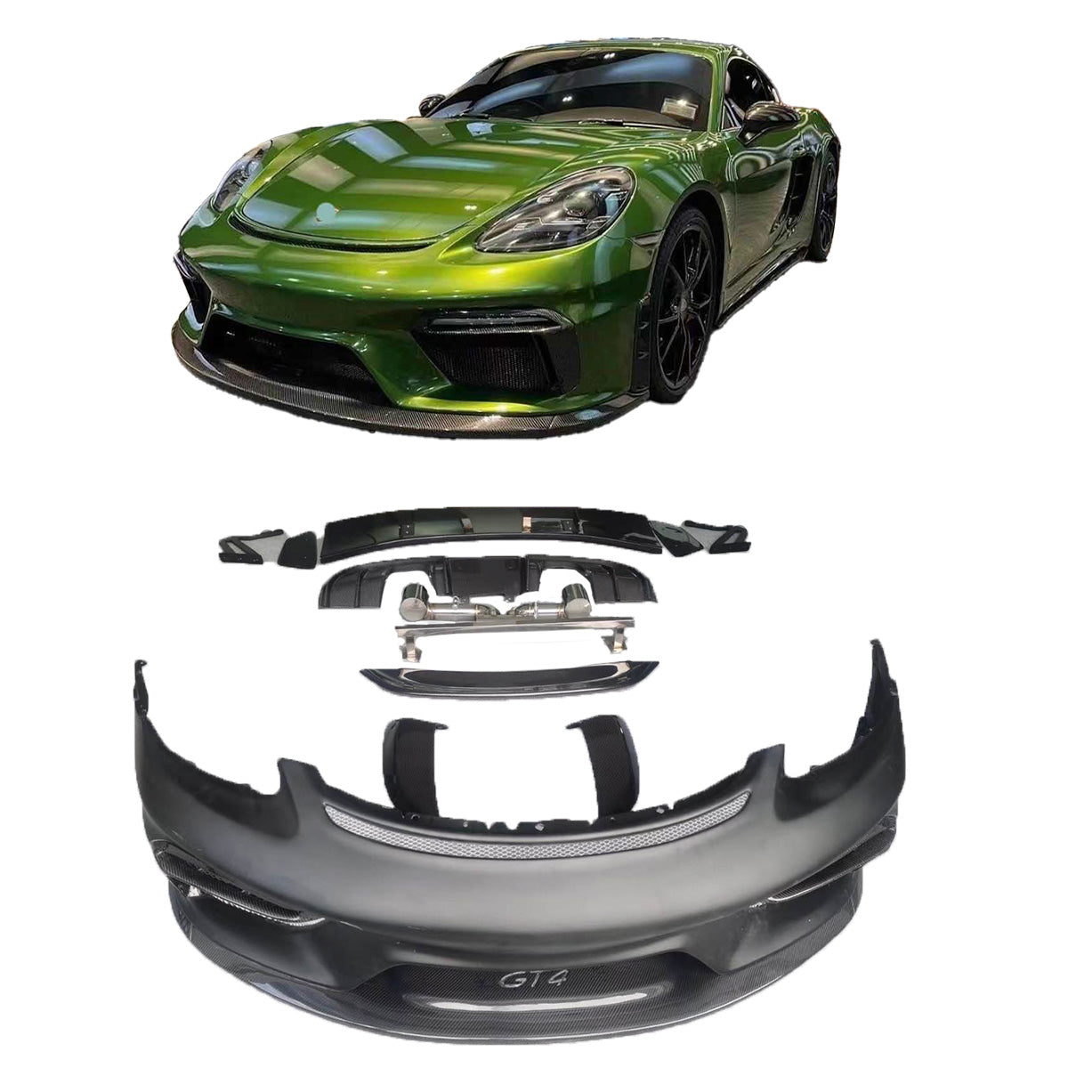 CONVERSION UPGRADE CARBON BODY KIT for PORSCHE 718 982 2016+ upgrade to GT4
Set includes:
Front Bumper Assembly
Rear Spoiler
Rear Diffuser
Exhaust Tips
Material: Carbon Fiber
Note: Professional installation is required.
CONTACT US FOR PRICING