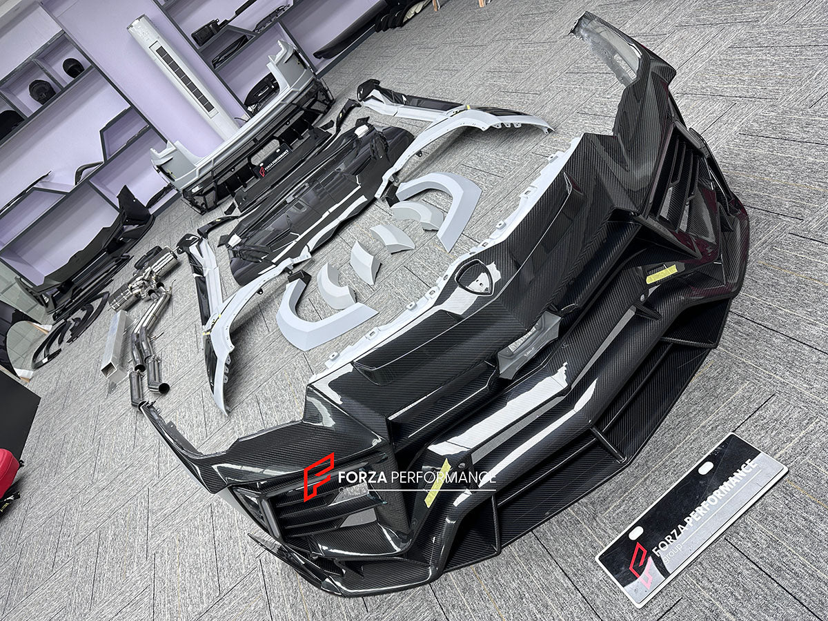 CARBON BODY KIT for LAMBORGHINI URUS S PERFORMANTE
Set includes:
Front Bumper 
Hood
Side Fenders
Side Skirts
Roof Spoiler
Rear Spoiler
Rear Bumper
Exhaust Tips
Exhaust System
Material: Carbon Fiber
Note: Professional installation is required.