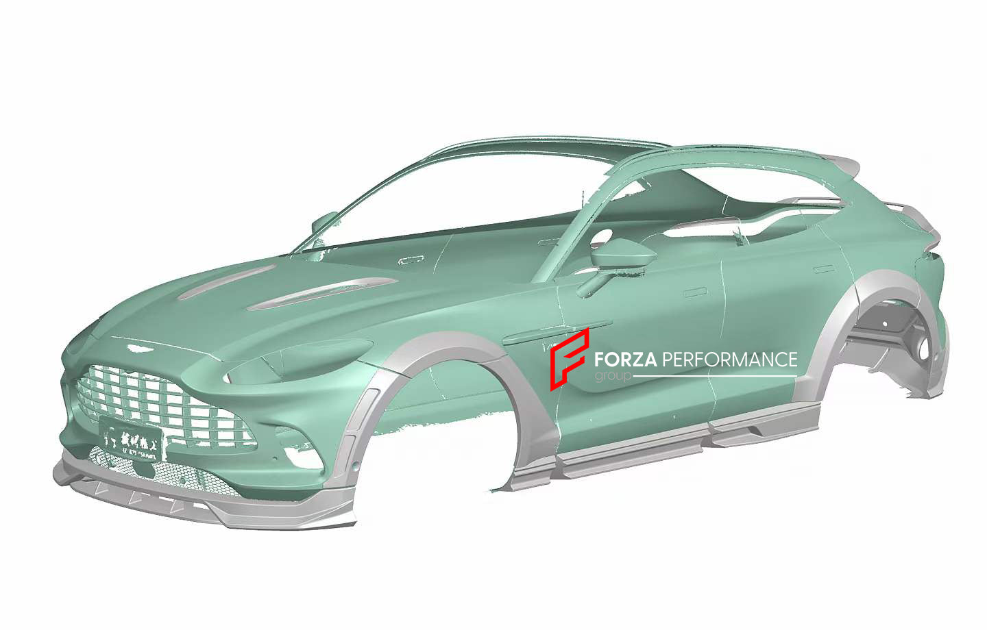 FORZA DRY CARBON BODY AERO KIT for ASTON MARTIN DBX  Set includes:  Front Lip Hood Air Vents Side Fenders Side Skirts Roof Spoiler Rear Bumper Rear Spoiler Rear Diffuser