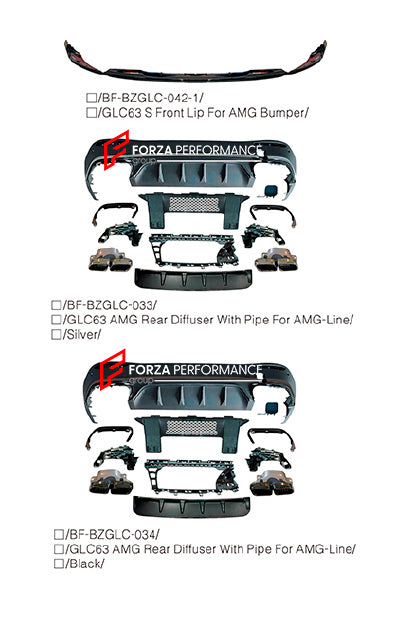 FRONT LIP and REAR DIFFUSER with EXHAUST TIPS for MERCEDES BENZ GLC CLASS X254 AMG LINE UPGRADE to AMG X254 GLC63 GLC63S 2023+
Set includes:
Front Lip (GLC63S)
Rear Diffuser
Exhaust Tips
Material: Plastic
Note: Professional installation is required.
* Each part of this kit can be sent separately. Please contact us if you need a specific part.
Payment ►
Visa
Mastercard
PayPal with a credit card (add 4.4% at checkout)
Payoneer
Cryptocurrency
Shipment ►
By express DHL/UPS/TNT/FedEx
To the local inte