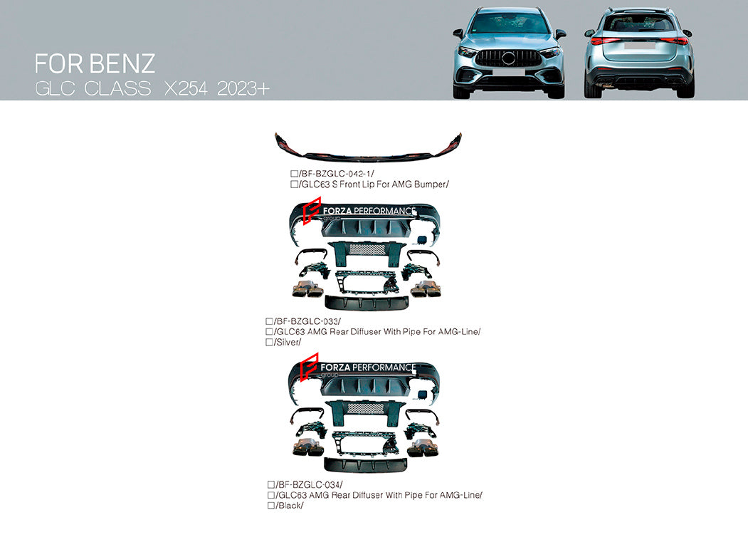 FRONT LIP and REAR DIFFUSER with EXHAUST TIPS for MERCEDES BENZ GLC CLASS X254 AMG LINE UPGRADE to AMG X254 GLC63 GLC63S 2023+
Set includes:
Front Lip (GLC63S)
Rear Diffuser
Exhaust Tips
Material: Plastic
Note: Professional installation is required.
* Each part of this kit can be sent separately. Please contact us if you need a specific part.
Payment ►
Visa
Mastercard
PayPal with a credit card (add 4.4% at checkout)
Payoneer
Cryptocurrency
Shipment ►
By express DHL/UPS/TNT/FedEx
To the local inte