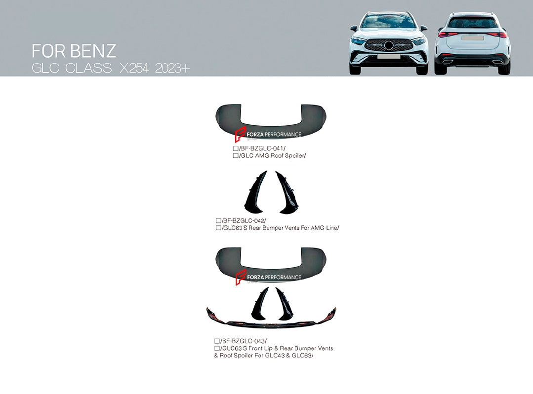 FRONT LIP ROOF SPOILER REAR BUMPER VENTS for MERCEDES BENZ GLC CLASS AMG X254 GLC43 GLC63 UPGRADE to AMG X254 GLC63 SE 2023+
Set includes:
Front Lip
Spoiler
Rear Bumper Vents
Material: Plastic
Note: Professional installation is required.
* Each part of this kit can be sent separately. Please contact us if you need a specific part.
Payment ►
Visa
Mastercard
PayPal with a credit card (add 4.4% at checkout)
Payoneer
Cryptocurrency
Shipment ►
By express DHL/UPS/TNT/FedEx
To the local international ai
