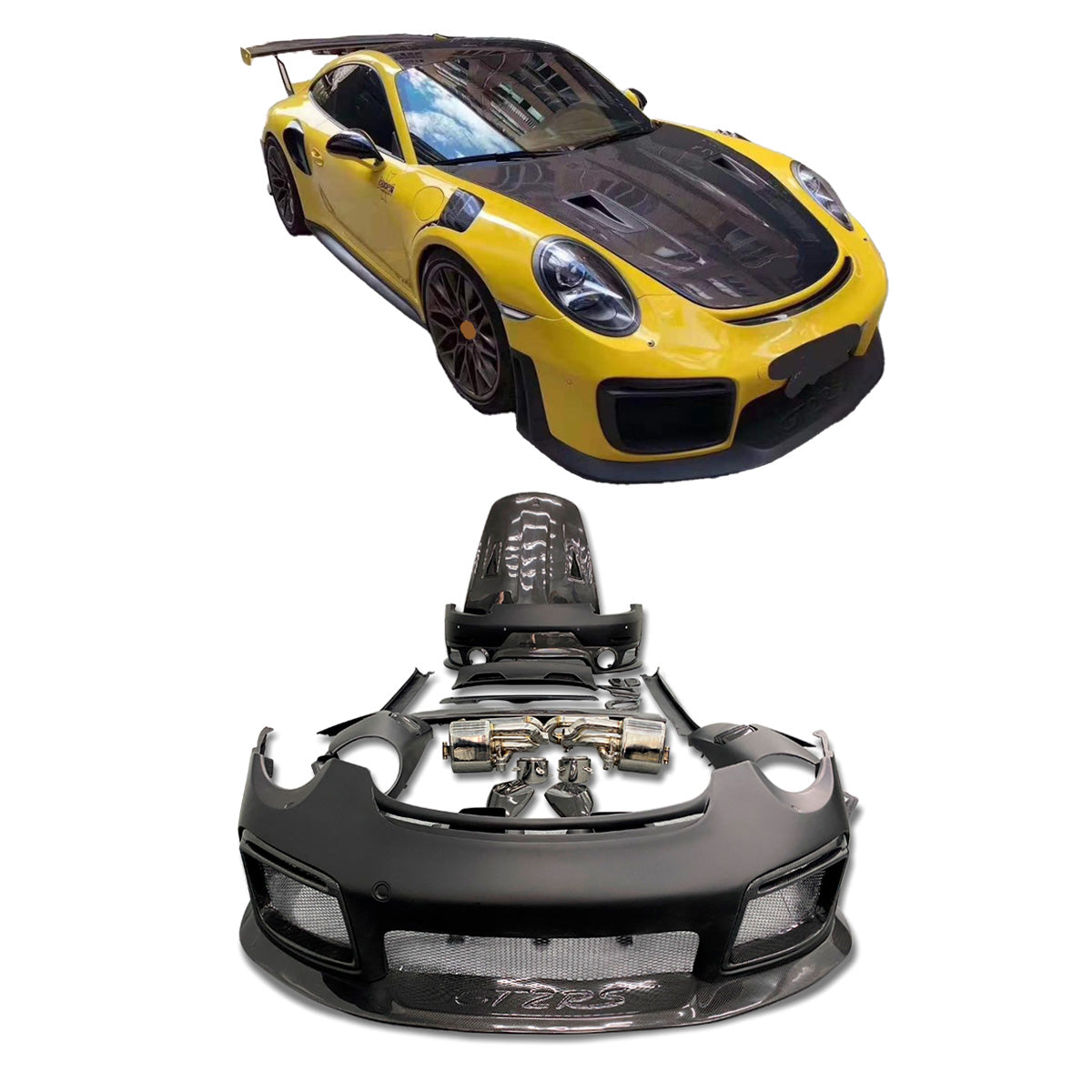 CONVERSION UPGRADE CARBON BODY KIT for PORSCHE 911 991.1 991.2 2011 - 2020 upgrade to GT2 RS
Set includes:
Front Lip
Front Bumper
Front Fenders
Hood / Bonnet
Side Mirror Covers
Side Skirts
Side Air Vents Cover
Rear Spoiler
Engine Lid
Rear Bumper
Rear Diffuser
Exhaust System
Material: Carbon Fiber
NOTE: Professional installation is required. 
CONTACT US FOR PRICING