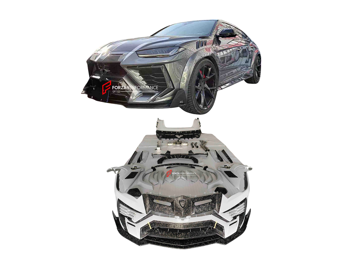 WIDE BODY KIT WITH EXHAUST CATBACK SYSTEM for LAMBORGHINI URUS 2018+
Set includes:
Front bumper
Dry carbon front lip
Dry carbon hood/bonnet
Dry carbon front bumper eyebrows
Front fenders
Front fender flares
Side skirts
Dry carbon roof spoiler
Dry carbon middle decklid spoiler
Dry carbon trunk panel between tail lights
Rear fender flares
Rear bumper
Dry carbon rear bumper side air vents
Dry carbon rear diffuser
Exhaust system with tips
Material: Fiberglass and dry carbon fiber. Optionally for an additiona