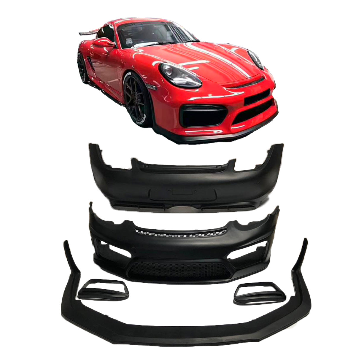 CONVERSION UPGRADE BODY KIT for PORSCHE CAYMAN 987.2 2009 - 2013 upgrade to 981 GT4 
Set includes:
Front Lip
Front Bumper Assembly
Rear Bumper Assembly
Material: Plastic
NOTE: Professional installation is required.