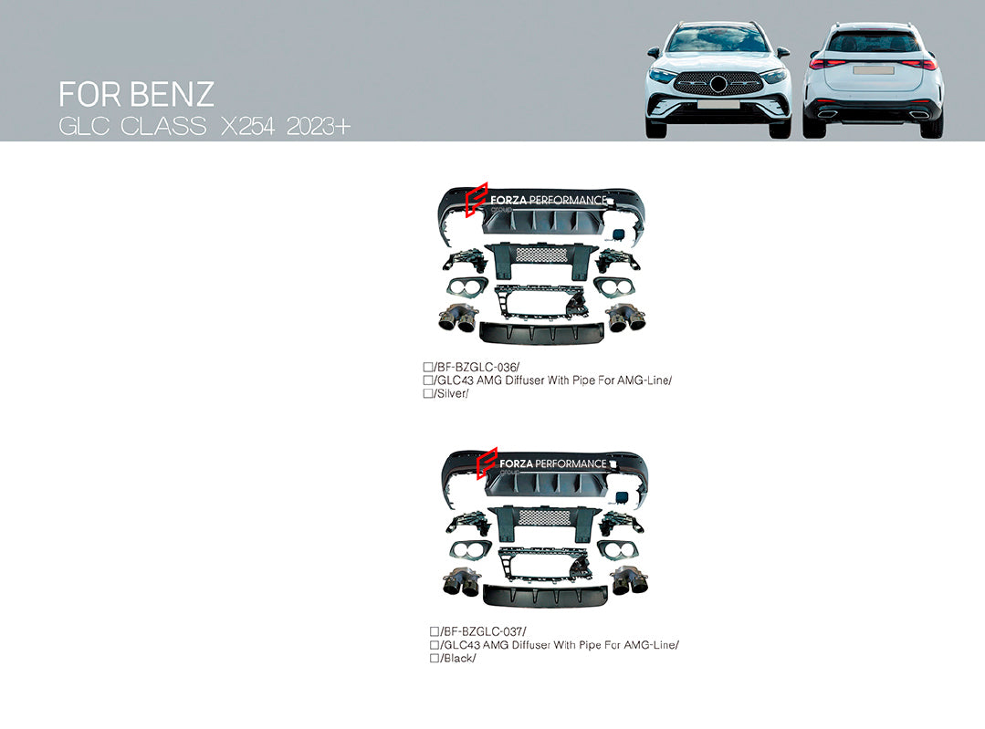 REAR DIFFUSER with EXHAUST TIPS for MERCEDES BENZ GLC CLASS X254 AMG LINE UPGRADE to AMG X254 GLC43 2023+
Set includes:
Rear Diffuser
Exhaust Tips
Material: Plastic
Note: Professional installation is required.
* Each part of this kit can be sent separately. Please contact us if you need a specific part.
Payment ►
Visa
Mastercard
PayPal with a credit card (add 4.4% at checkout)
Payoneer
Cryptocurrency
Shipment ►
By express DHL/UPS/TNT/FedEx
To the local international airport
Special line by air
Spe