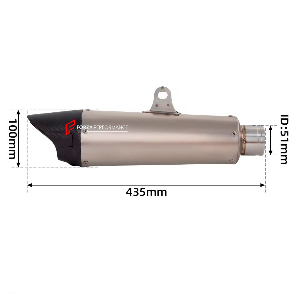 TITANIUM MOTORCYCLE EXHAUST SYSTEM for TRIUMPH STREET TRIPLE 765 R RS
Set include:
Header
3-1 Merge Collector
Mid pipe
Slip - On
Material: Titanium (can be made in Stainless Steel)
NOTE: Professional installation is required.
FEATURES:
Engineered Digital prototyping using 3D CAD design software, each car model chassis has been 3D laser scanned in the factor
Factory run all test cars on Italian 1200HP Dyno machine, to make the best performance design of exhaust
CNC bending machine accurately bends the