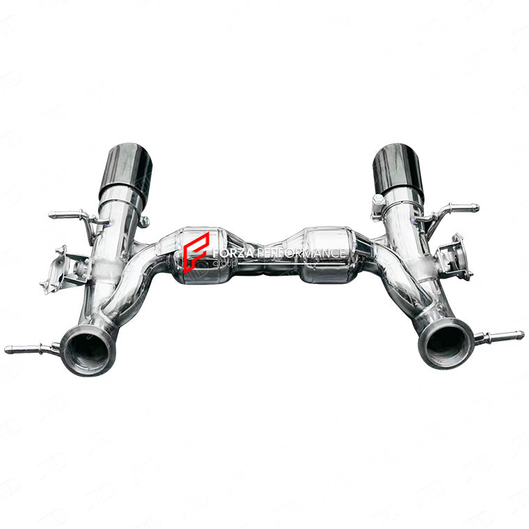 Forza Performance Aggressive sporty sound VALVED EXHAUST CATBACK MUFFLER for MASERATI MC20 2020+ 3.0T
Valved exhaust, meaning that has remote, controlled valves - allowing a switch between an aggressive loud sports sound and a sound that is closer to the OEM sound
Set includes:
X Pipe with Mufflers
Valved Bypass Pipes
Exhaust Tips
Material: Stainless Steel (Can be made in Titanium)
Optional: We can offer downpipe and catless downpipe 
FEATURES:
Engineered Digital prototyping using 3D CAD design