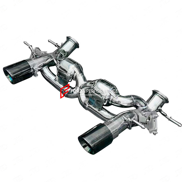 Forza Performance Aggressive sporty sound VALVED EXHAUST CATBACK MUFFLER for MASERATI MC20 2020+ 3.0T
Valved exhaust, meaning that has remote, controlled valves - allowing a switch between an aggressive loud sports sound and a sound that is closer to the OEM sound
Set includes:
X Pipe with Mufflers
Valved Bypass Pipes
Exhaust Tips
Material: Stainless Steel (Can be made in Titanium)
Optional: We can offer downpipe and catless downpipe 
FEATURES:
Engineered Digital prototyping using 3D CAD design