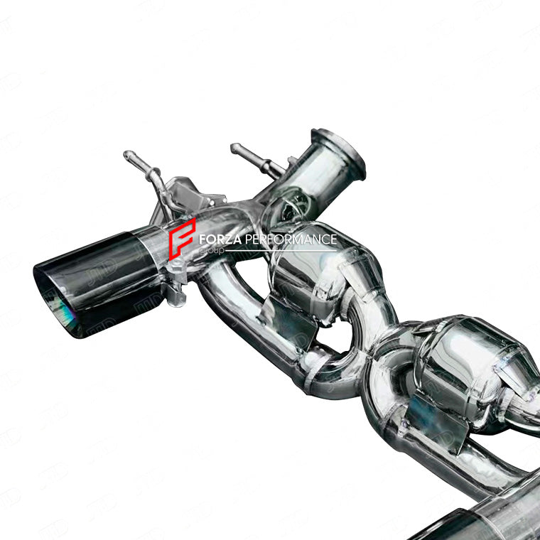 Forza Performance Aggressive sporty sound VALVED EXHAUST CATBACK MUFFLER for MASERATI MC20 2020+ 3.0T
Valved exhaust, meaning that has remote, controlled valves - allowing a switch between an aggressive loud sports sound and a sound that is closer to the OEM sound
Set includes:
X Pipe with Mufflers
Valved Bypass Pipes
Exhaust Tips
Material: Stainless Steel (Can be made in Titanium)
Optional: We can offer downpipe and catless downpipe 
FEATURES:
Engineered Digital prototyping using 3D CAD design
