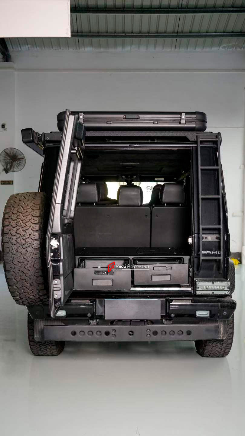 TRUNK STORAGE with TABLE and FOLDING STOOLS for MERCEDES-BENZ G-CLASS G63 G550 G500 W465 2024+
Set includes:
Trunk Storage
Table
Folding Stools
NOTE: Professional installation is required.