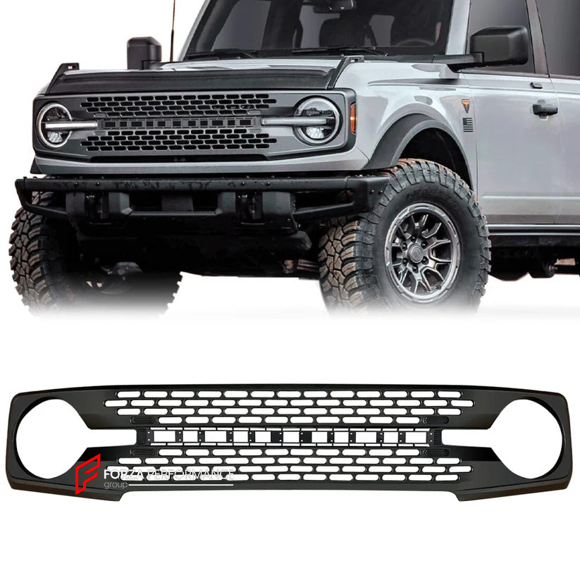 UPGRADE GRILLE for FORD BRONCO 2021+ to HIGH CONFIGURATION
Set includes:
Grille
Material: Plastic
Note: Professional installation is required.
