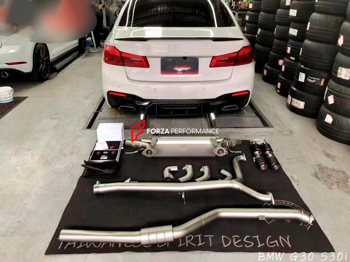 Forza Performance Aggressive sporty sound VALVED EXHAUST CATBACK MUFFLER for BMW 5 SERIES 530i G30 2.0T 2016 - 2020
Valved exhaust, meaning that has remote, controlled valves - allowing a switch between an aggressive loud sports sound and a sound that is closer to the OEM sound
Set includes:
Center Pipes
Exhaust Tips
Muffles with valves
Valve control box with remote control (you may also reuse your factory exhaust valve motors
Factory exhaust tips must be reused
Material: Stainless steel ( for an extr