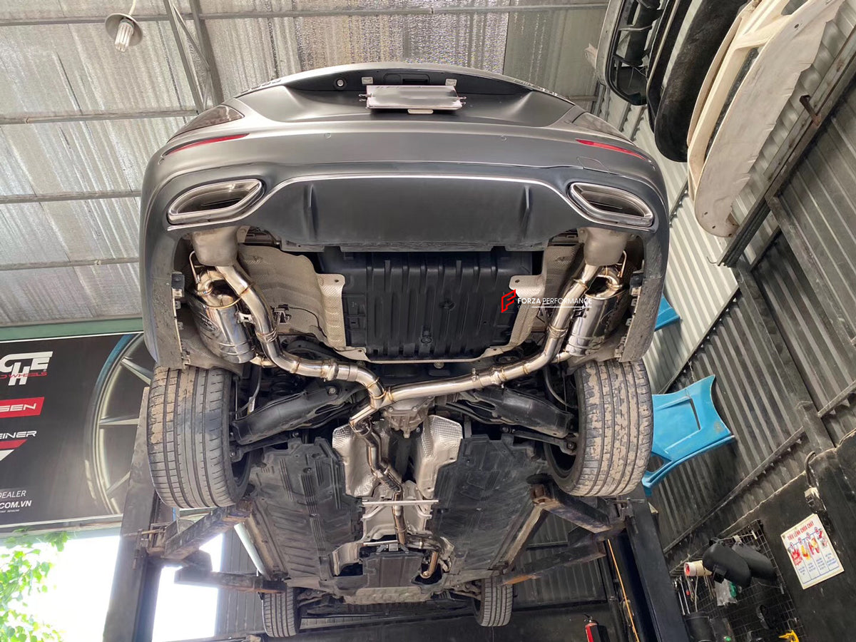 Forza Performance Aggressive sporty sound VALVED EXHAUST CATBACK MUFFLER for MERCEDES BENZ C CLASS W205 C180 1.6T 2015+
Valved exhaust, meaning that has remote, controlled valves - allowing a switch between an aggressive loud sports sound and a sound that is closer to the OEM sound
Set includes:
Center Pipes
Exhaust Tips
Muffles with valves
Valve control box with remote control (you may also reuse your factory exhaust valve motors
Factory exhaust tips must be reused
Material: Stainless steel