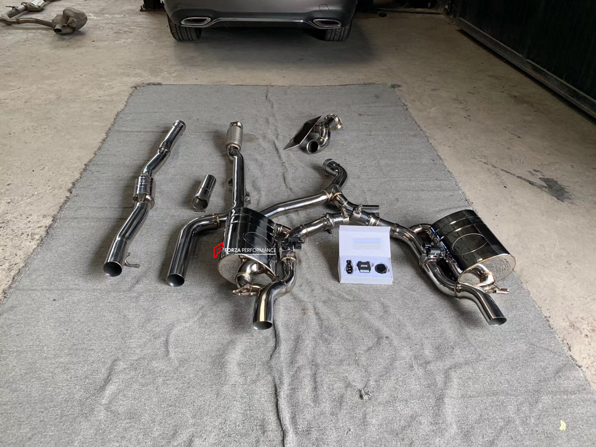 Forza Performance Aggressive sporty sound VALVED EXHAUST CATBACK MUFFLER for MERCEDES BENZ C CLASS W205 C180 1.6T 2015+
Valved exhaust, meaning that has remote, controlled valves - allowing a switch between an aggressive loud sports sound and a sound that is closer to the OEM sound
Set includes:
Center Pipes
Exhaust Tips
Muffles with valves
Valve control box with remote control (you may also reuse your factory exhaust valve motors
Factory exhaust tips must be reused
Material: Stainless steel