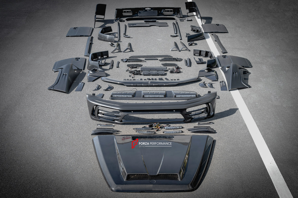 WIDE BODY KIT for MERCEDES-BENZ G-CLASS W463A W464 G63 2018+  Set includes:  Hood/Bonnet Front Bumper Front LED DRL Lights Front Canards Front Roof LED Bar Fender Flares Side Fenders Side Air Vents Door Covers Side Trims Side Skirts Rear Bumper