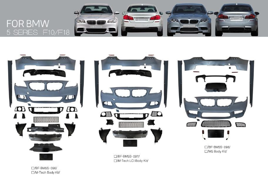BODY KIT FOR BMW 5 SERIES F10 F18 M5 BODY KIT M TECH STYLE
Set includes:
Front Bumper Assembly
Side Skirts
Rear Bumper
Rear Diffuser
* Each part of this kit can be sent separately. Please contact us if you need a specific part.
Why “Contact Us for Pricing”?
We don’t display fixed prices because our goal is to offer you the most competitive deal possible. Product costs often decrease over time, and by requesting a quote, you’ll receive our most up-to-date price on market.
Payment ►
Visa
Mastercard