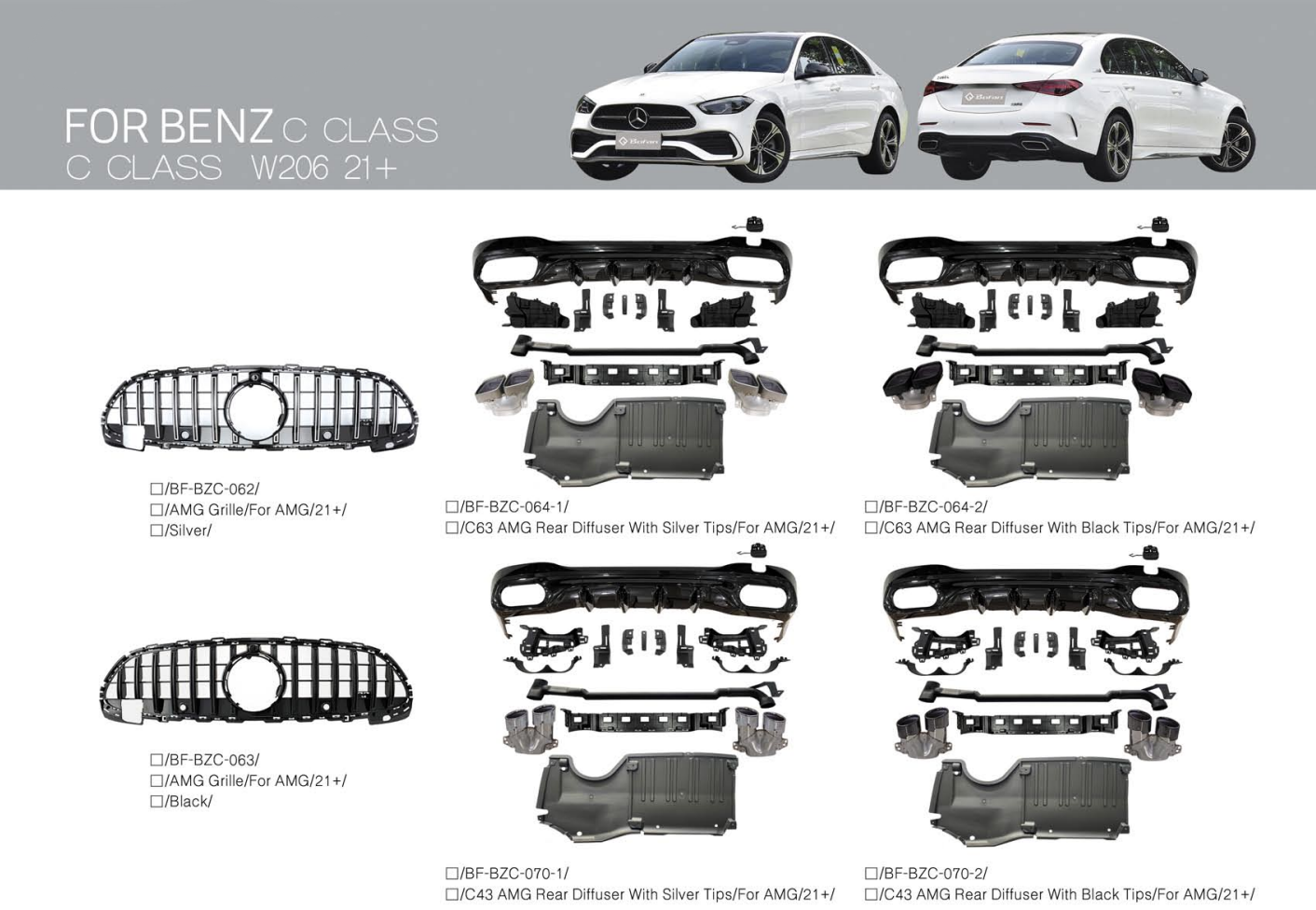 C43 C63 AMG Style Rear Diffuser, Front Grille for Mercedes Benz C-class W206 2021+