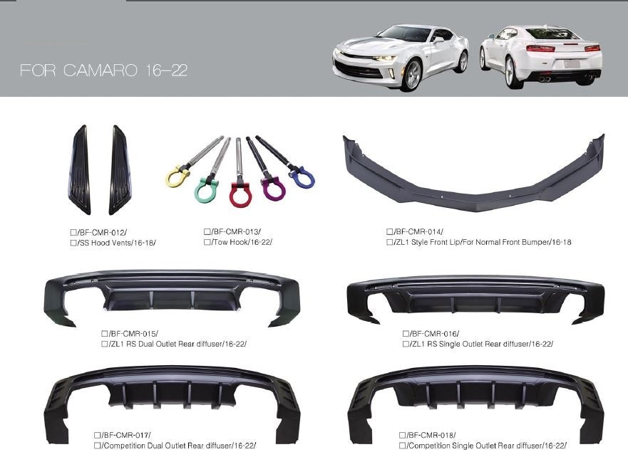 OEM REPLACEMENT PARTS for CHEVROLET CAMARO 2016+  Set includes:  Rear Bumper Rear Diffuser Louvers Hood Air Vents Front Lip