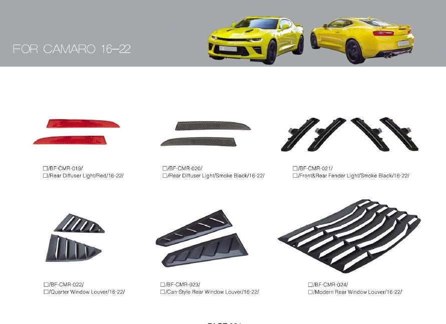 OEM REPLACEMENT PARTS for CHEVROLET CAMARO 2016+  Set includes:  Rear Bumper Rear Diffuser Louvers Hood Air Vents Front Lip