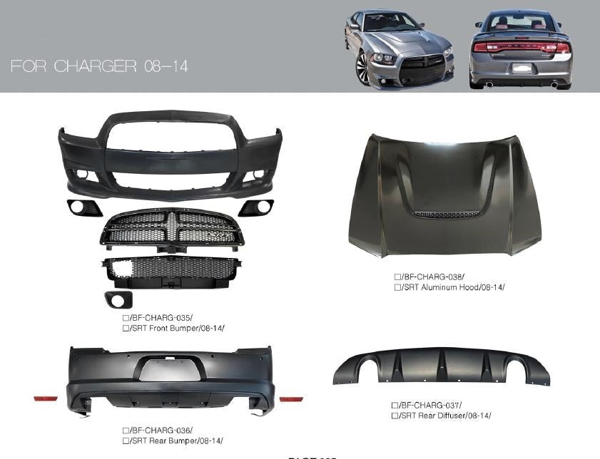 BODY KIT for DODGE CHARGER 2008 - 2014 SRT  Set includes:  Front Bumper Hood Rear Bumper