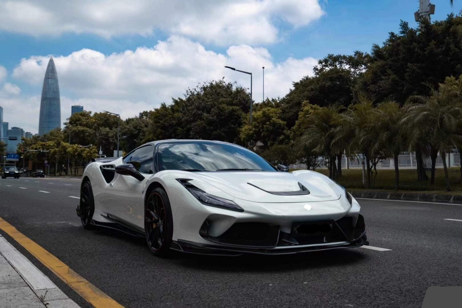 FPG Style Dry Carbon Fiver Body Kit For Ferrari F8  Set include:   Front lip Front trims Side skirts  Rear bumper Rear spoiler Material: Fiberglass with carbon fiber