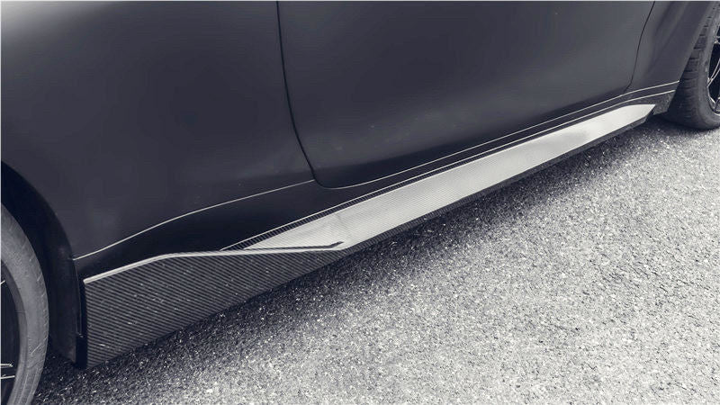 MP STYLE CARBON FIBER SIDE SKIRTS FOR BMW M4 G82 2021+  Set include: Side skirts add-ons (left and right pcs) Material: Real carbon fiber  Note: Professional installation is required