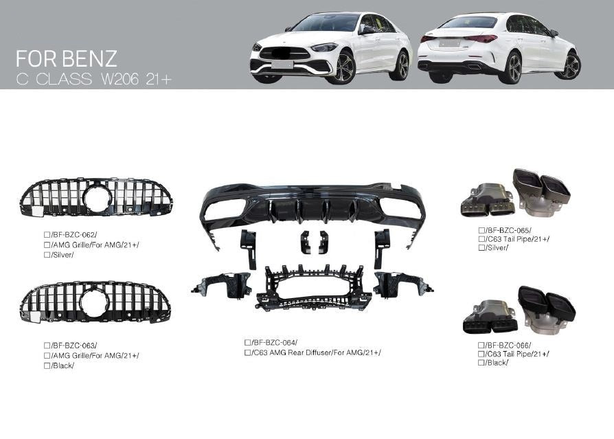 C63 AMG Rear Diffuser and AMG Grille for Mercedes Benz W206 2021+
