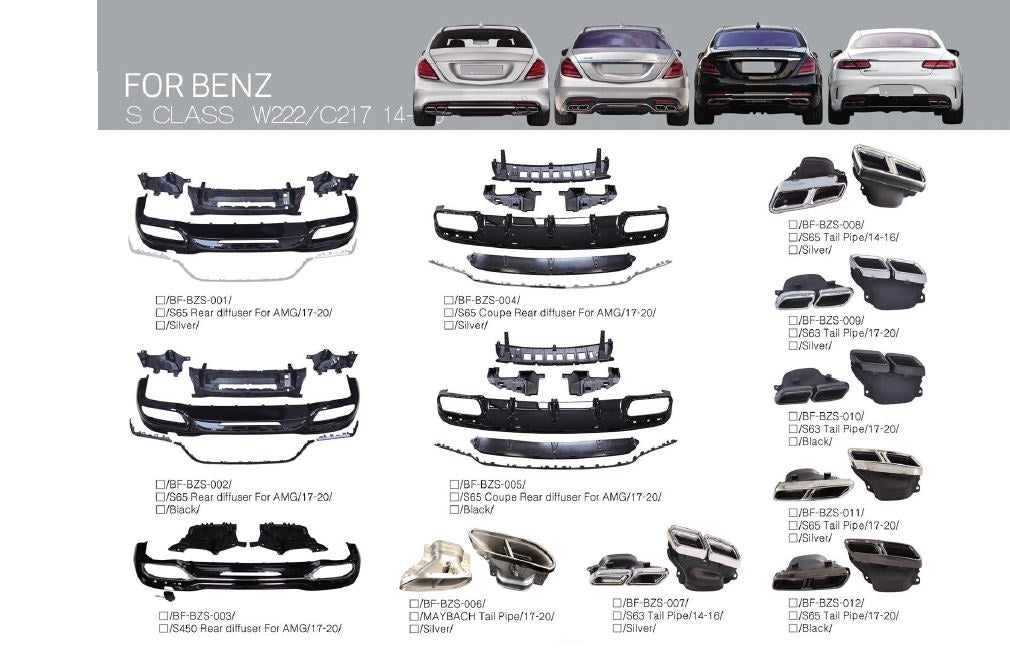 BODY KIT for MERCEDES BENZ S CLASS W222 2014 - 2020
Set includes:
Rear Diffuser
Front Lip
Exhaust Tips
NOTE: Professional installation is required
Why “Contact Us for Pricing”?
We don’t display fixed prices because our goal is to offer you the most competitive deal possible. Product costs often decrease over time, and by requesting a quote, you’ll receive our most up-to-date price on market.
Payment ►
Visa
Mastercard
PayPal with a credit card (add 4.4% at checkout)
Payoneer
Cryptocurrency
Shipment