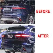 REAR DIFFUSER with EXHAUST TIPS for JAGUAR F PACE 2021+
Set includes:
Rear Diffuser with Brackets
Muffler Tips
Material: Plastic PP and stainless steel
Color of diffuser: Silver and black (Before purchase tell us which one you need)
Note: Professional installation is required. Exhaust pipes on muffler need modification