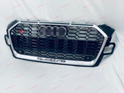 RS5 style FRONT GRILLE assembly for Audi A5 S5 F5 Coupe / Cabriolet / Sportback 2019+ Have PDC holes  License plate holder 1pc (for EURO or China regions) Include badges Include front camera housing with cap Color: Silver frame with black mesh  Material: ABS Plastic  Note: Professional installation is required, on some A5 models PDC sensors brackets can be in clash with hit bar, so you need to modify PDC sensors or hit bar  *If you have front camera, you need to remove it and GLUE to new RS grille