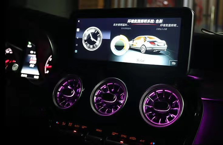 Air vents with ambient light 64 colors for the dashboard of:  Mercedes Benz A-class W176 W177 A180 A200 A220 A250 A45   Set include: 5 pcs of air vents  Switch control   Air vents with ambient light 64 colors for the dashboard of:  Mercedes Benz C-class W205 2015-2018 GLC-CLASS X253 2015-2019  Set include: 8 pcs of air vents  Switch control