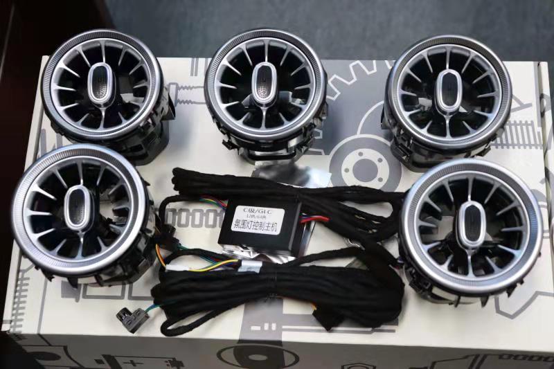 Air vents with ambient light 64 colors for the dashboard of:  Mercedes Benz A-class W176 W177 A180 A200 A220 A250 A45   Set include: 5 pcs of air vents  Switch control   Air vents with ambient light 64 colors for the dashboard of:  Mercedes Benz C-class W205 2015-2018 GLC-CLASS X253 2015-2019  Set include: 8 pcs of air vents  Switch control